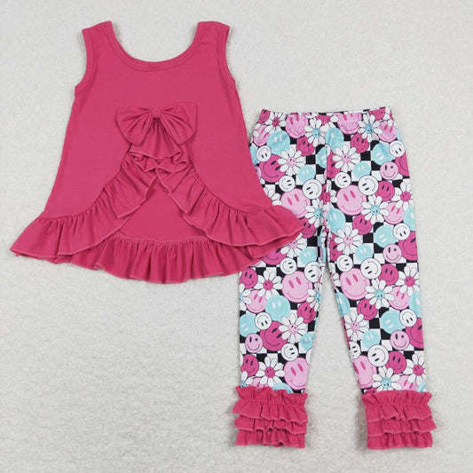 GSPO1098 Pink Floral Smile Bow Girls Sleeveless Bell Bottom Pants Outfits