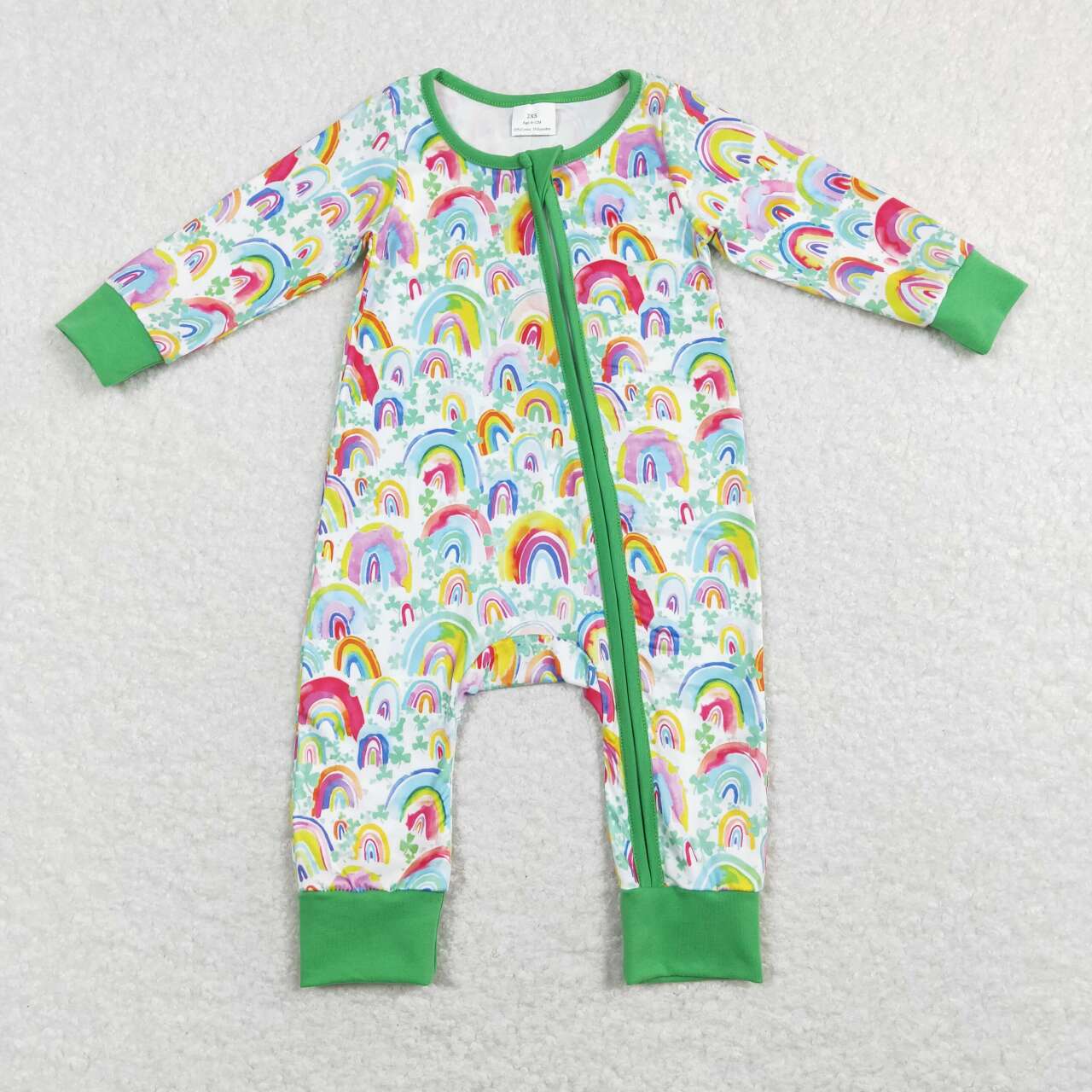 LR0883 St. Patrick Green Pink Lucky Clover Rainbow  Zipper Girls Long Sleeve Romper