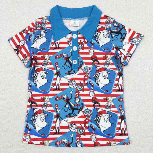 BT0483 Blue Red Dr Cartoon Cat Hat Boys Short Sleeve Top Collar T-Shirts