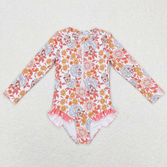 S0184 Pink Floral  Girls Swimming Bathing Suits Swimsuits