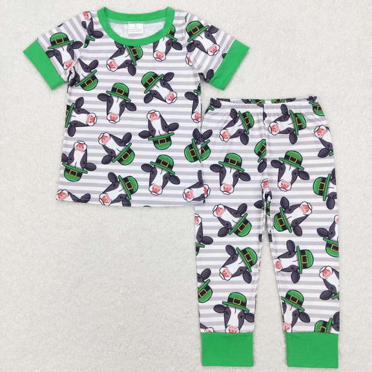 BSPO0279  St. Patrick Green Pink Lucky Clover Cow Boys Short Sleeve Bell Bottom Pants Outfits Pajamas