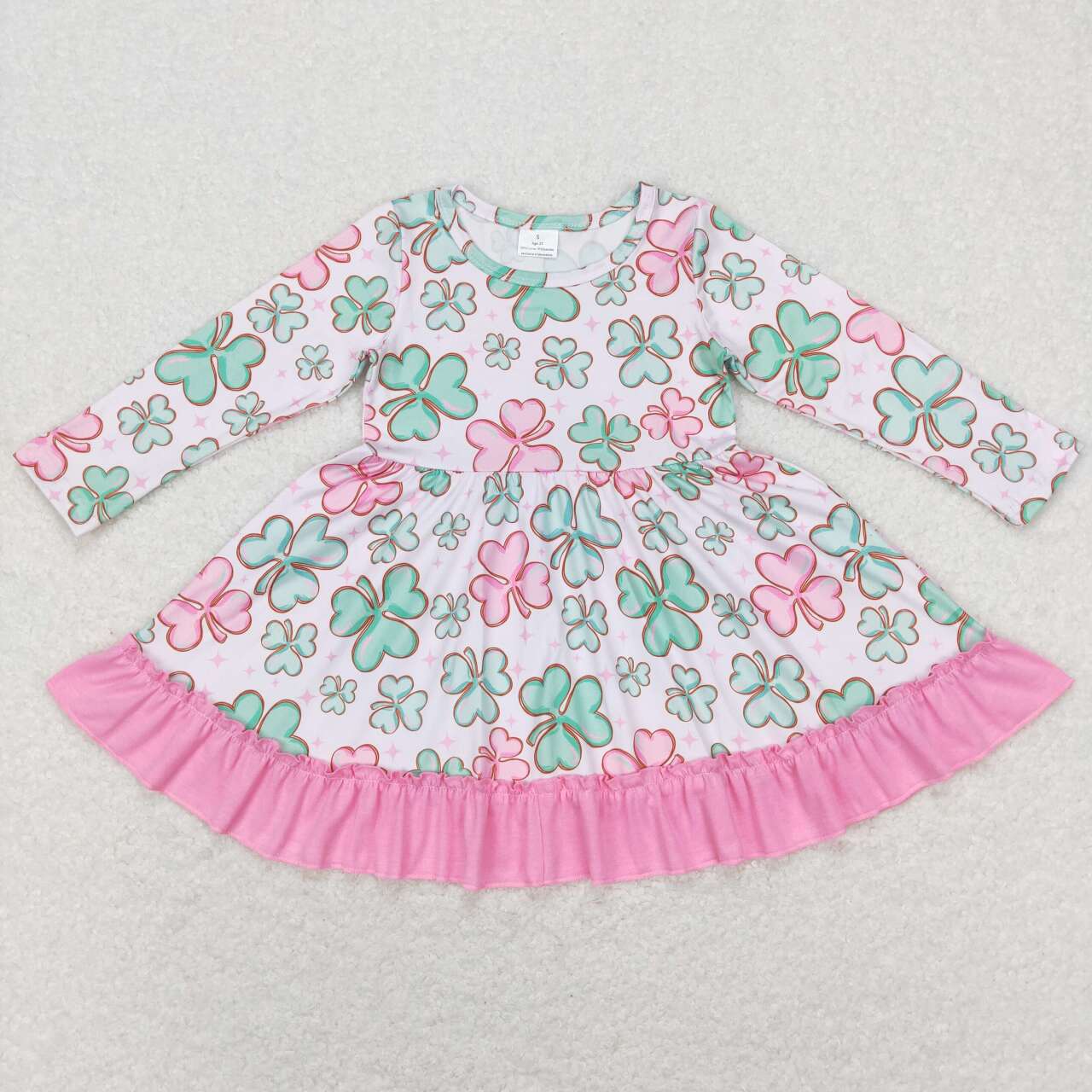 GLD0503  St. Patrick Green Pink Lucky Clover  Girls Long Sleeve Dresses