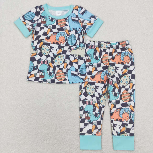 BSPO0283  Easter Rabbit Blue Dinosaur  Boys Short Sleeve Bell Bottom Pants Outfits Pajamas