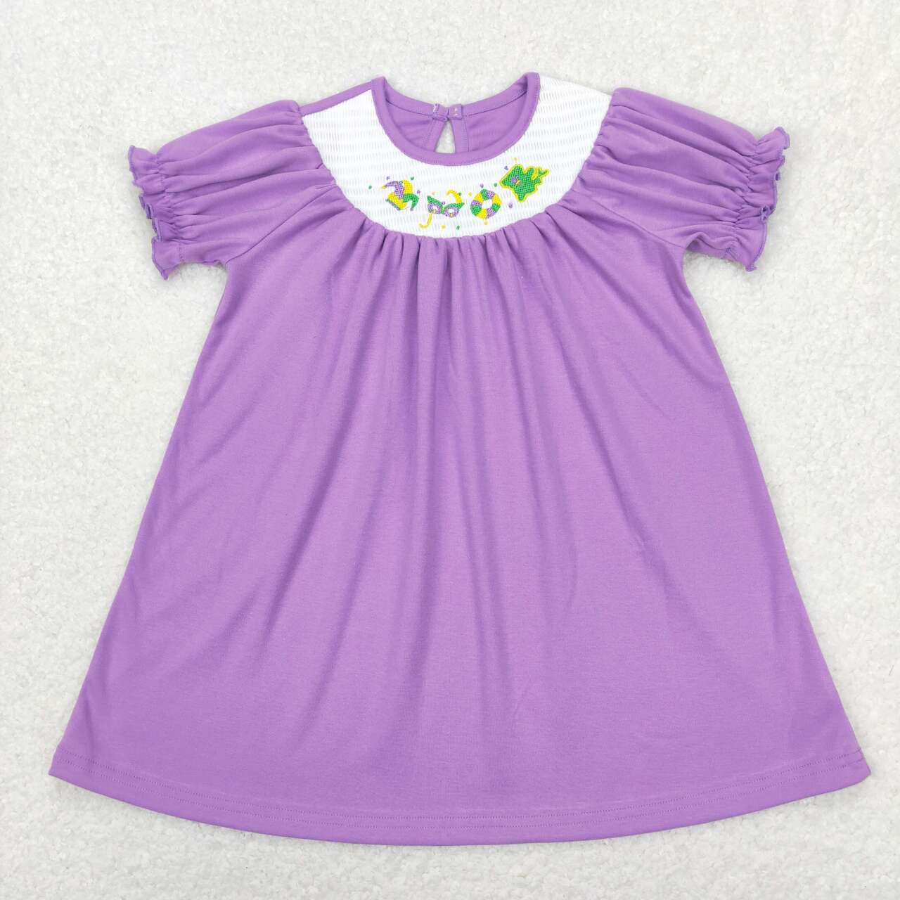 GSD0502 Mardi Gras Purple  Embroidery Girls Flutter Sleeve Dresses