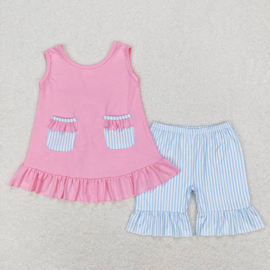 GSSO0438 Pink Blue Pockets Bow Girls Flutter Sleeve Shorts Outfits