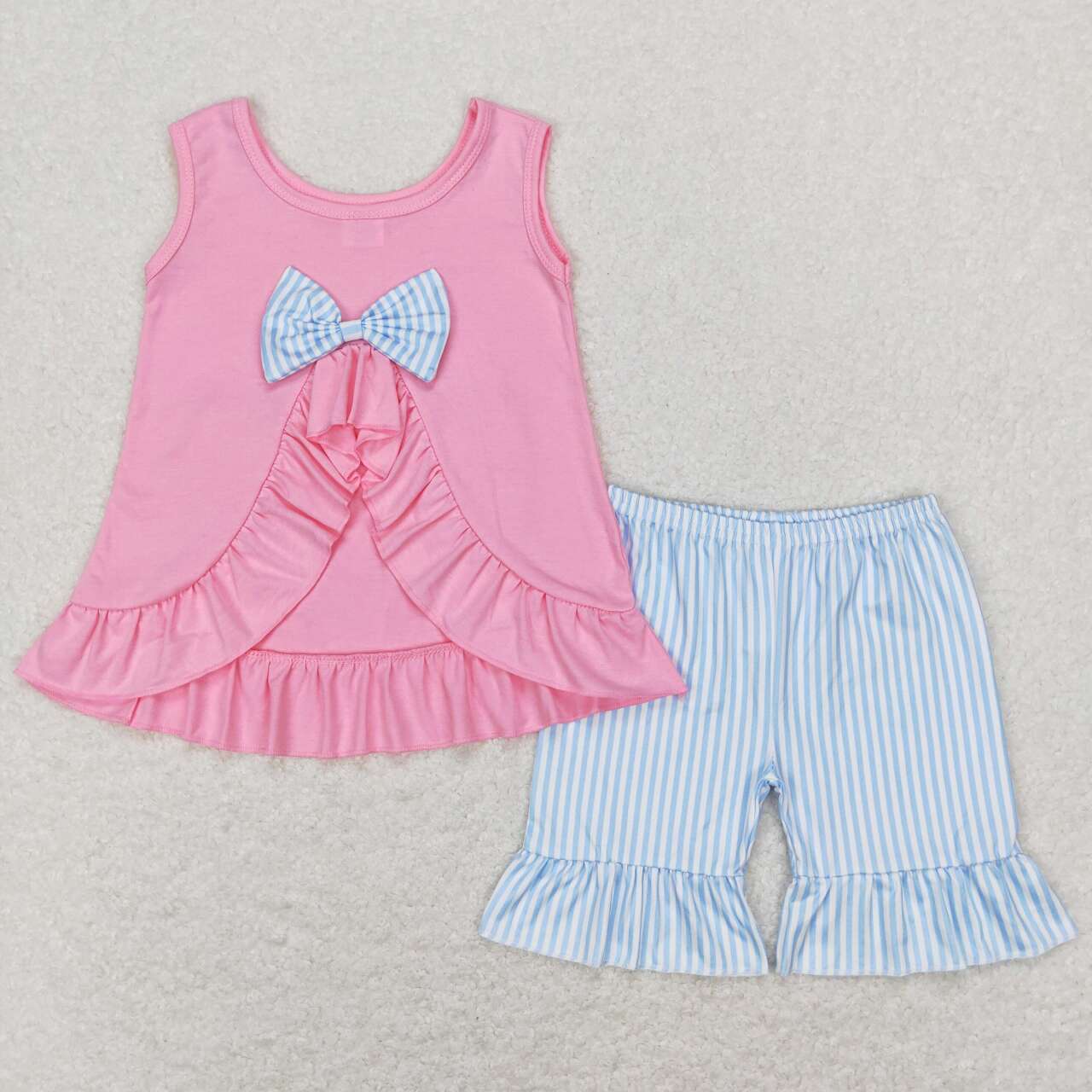 GSSO0438 Pink Blue Pockets Bow Girls Flutter Sleeve Shorts Outfits