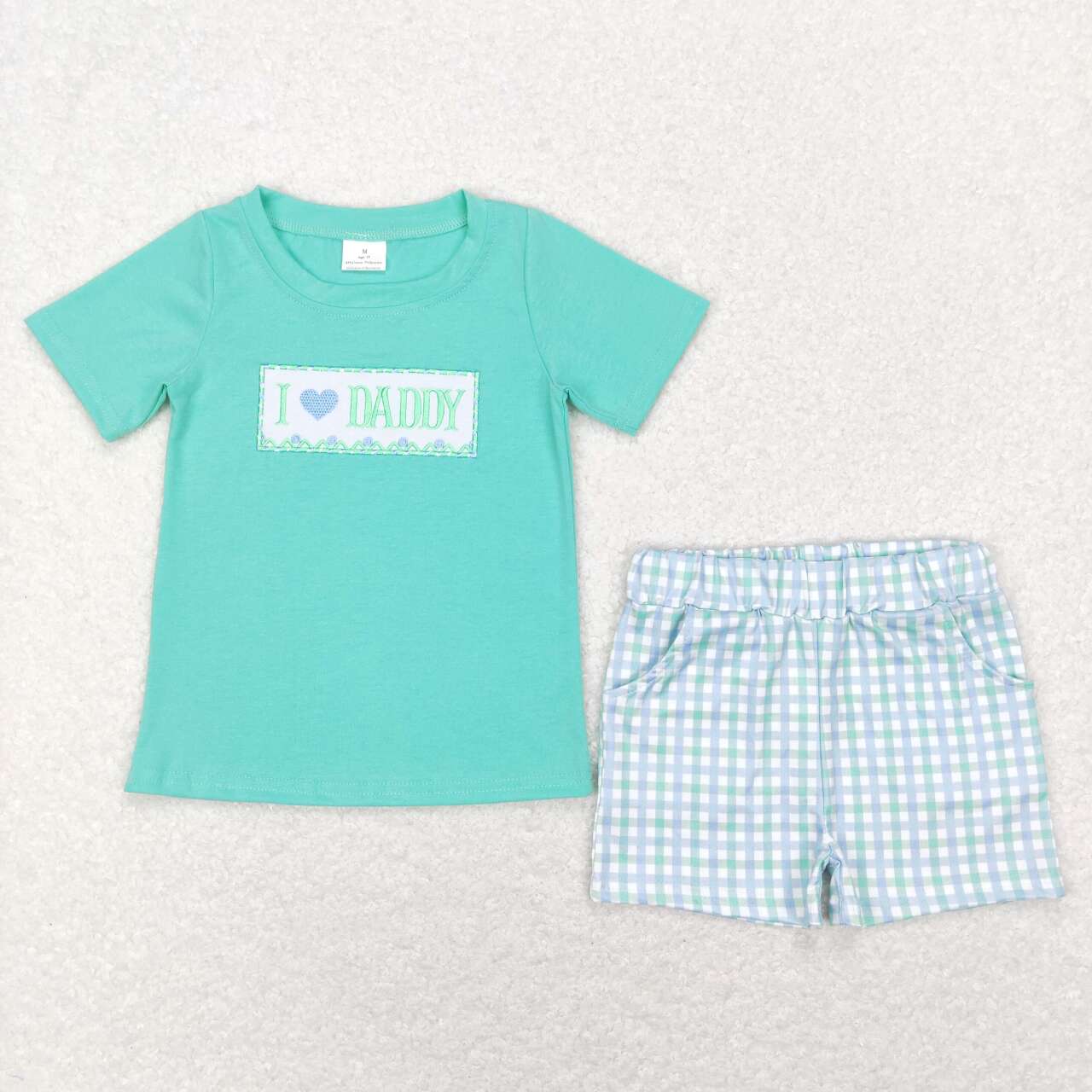 BSSO0406 Blue I Love Daddy Embroidery Boys Short Sleeve Shorts Outfits