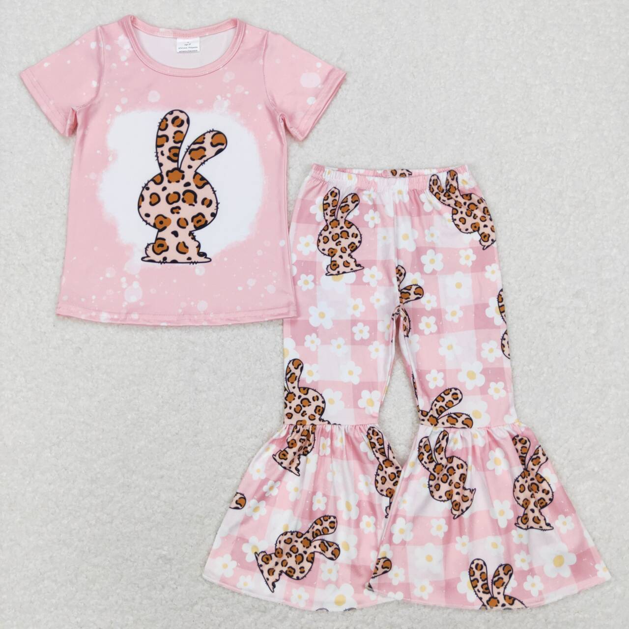 GSPO1181 Easter Pink Leopard Rabbit Girls Short Sleeve Bell Bottom Pants Outfits