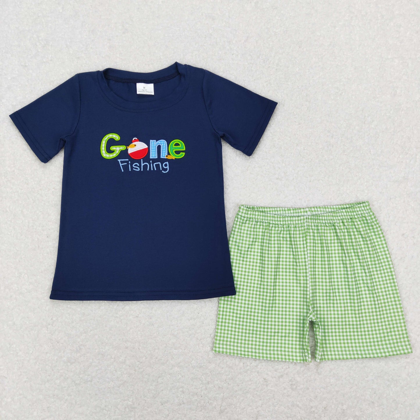 BSSO0395 Blue Game Fishing Embroidery Boys Short Sleeve Shorts Outfits