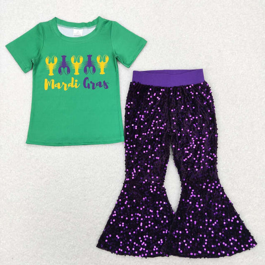 GSPO1355 2pcs BT0501  Mardi Gras Yellow Green Crawfish Purple Sequin Girls Short Sleeve Bell Bottom Pants Outfits