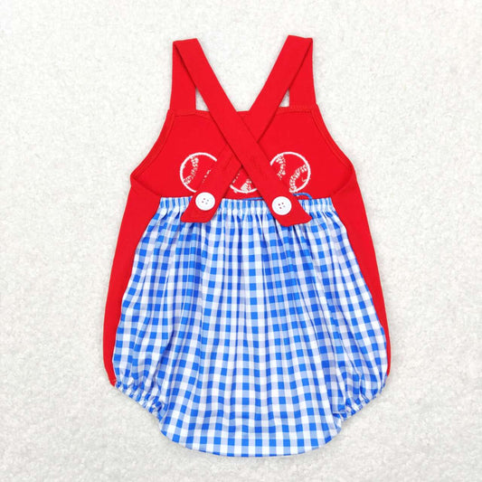 SR0687 Red Blue Softball Embroidery  Girls Short Sleeve Romper