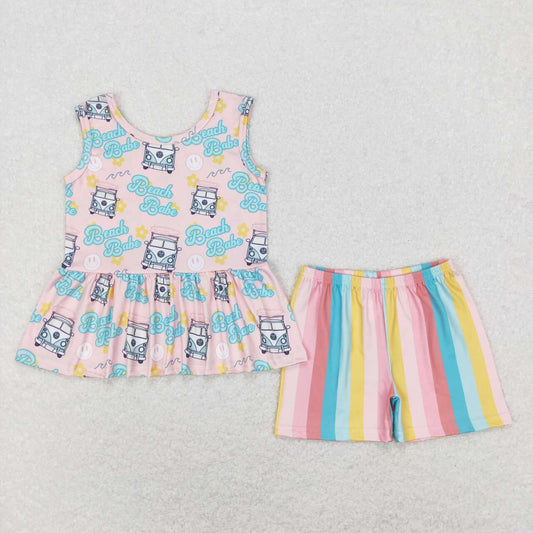 GSSO0504 Pink Blue Beach Babe Girls Short Sleeve Shorts Outfits