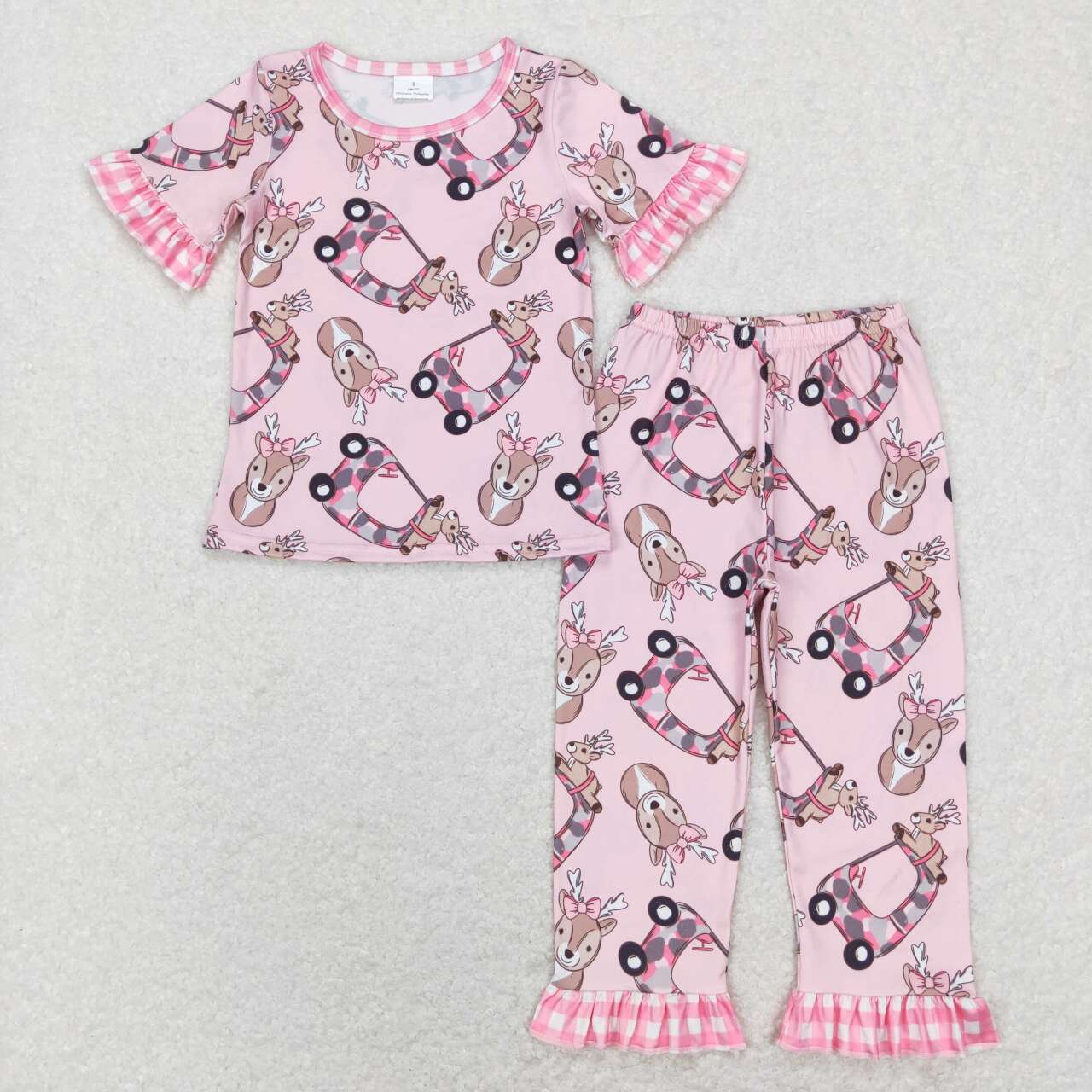 GSPO1100 Pink Deer Cartoon Girls Short Sleeve Bell Bottom Pants Outfits Pajamas