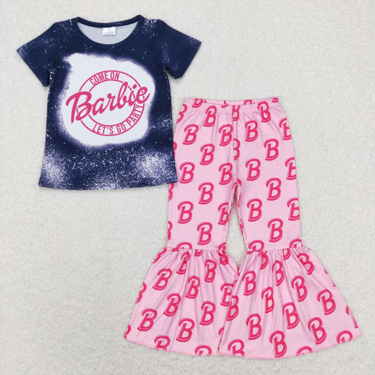 GSPO1352 GT0310 Blue Pink B Cartoon Top 2Pcs  Girls Short Sleeve Pants Outfits