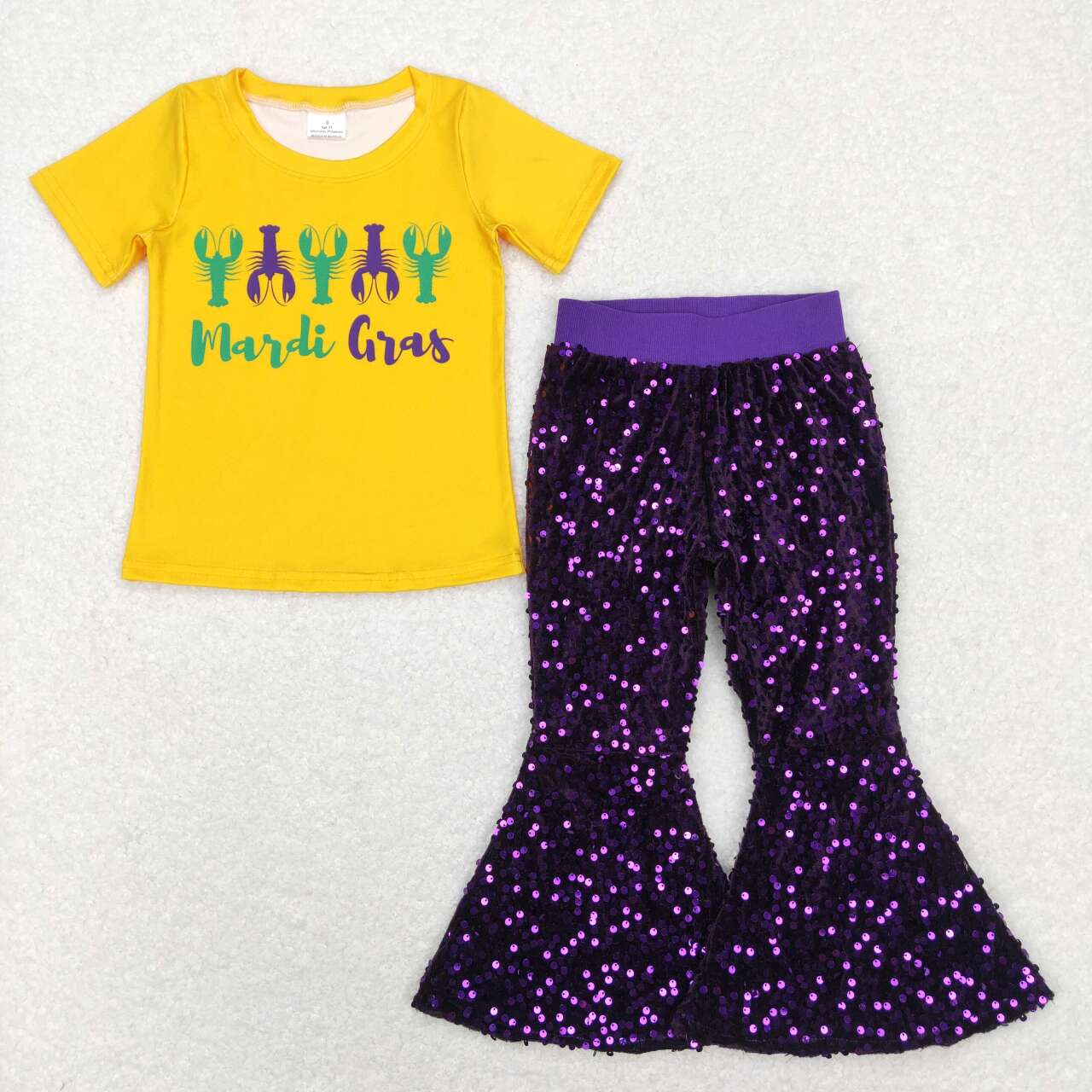 GSPO1356 2pcs BT0502 Mardi Gras Yellow Green Crawfish purple Sequin Girls Short Sleeve Bell Bottom Pants Outfits