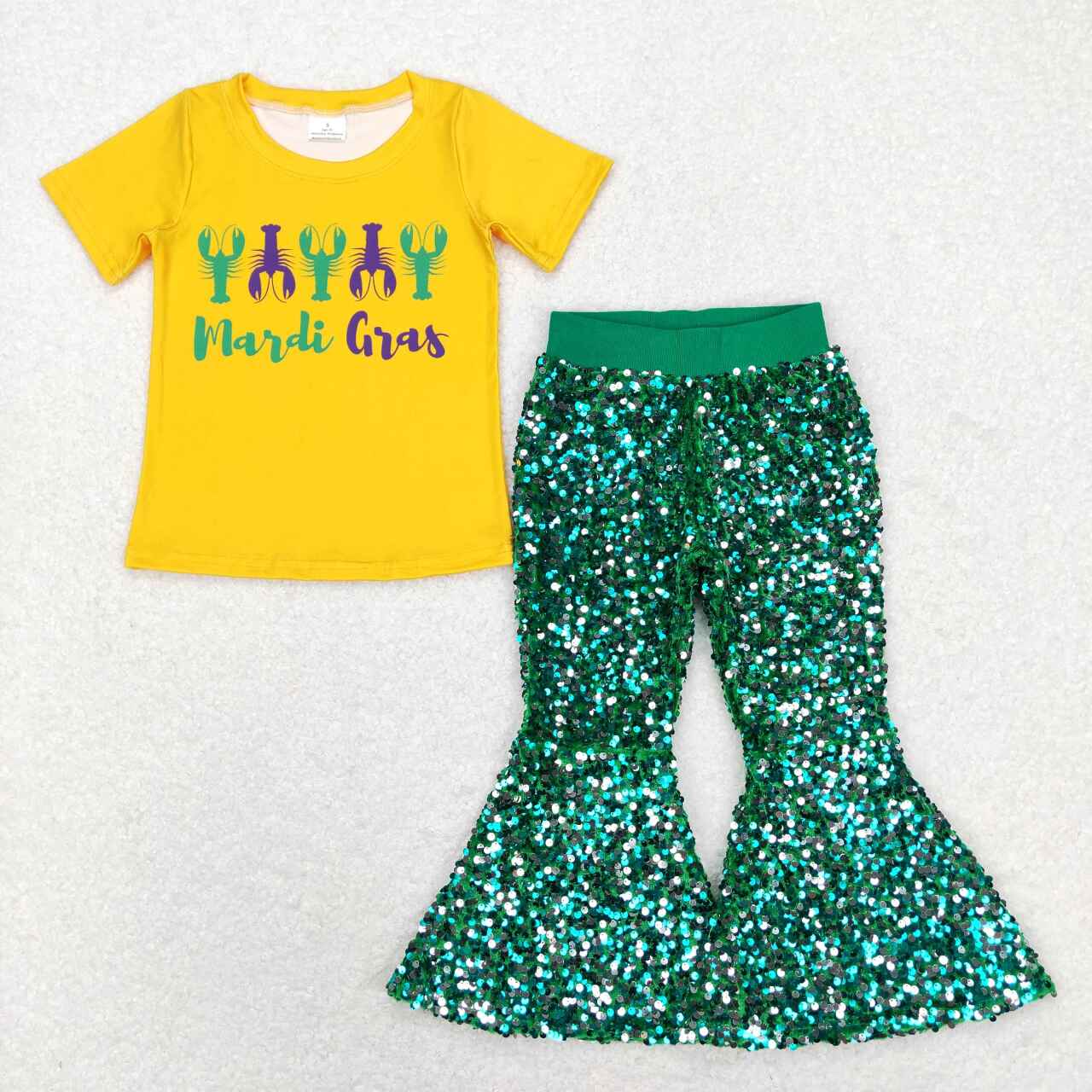 GSPO1357 2pcs BT0502 Mardi Gras Yellow Green Crawfish Green Sequin Girls Short Sleeve Bell Bottom Pants Outfits