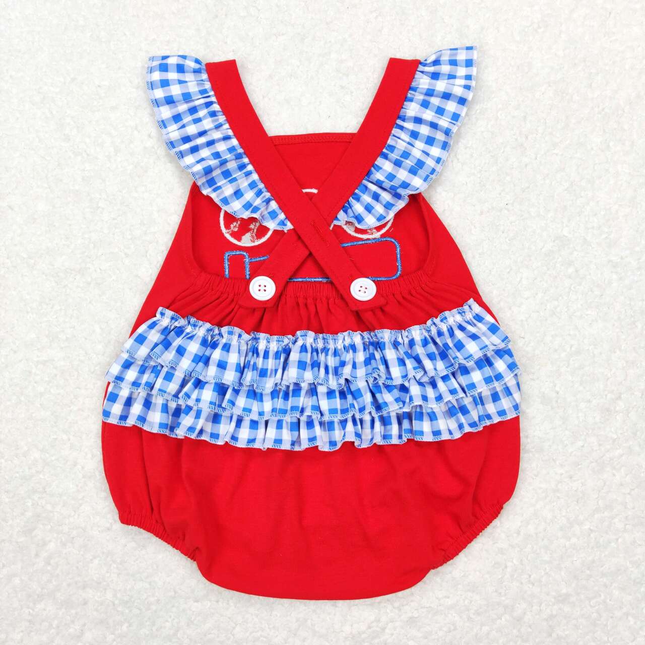 SR0686 Red Blue Softball Embroidery  Girls Short Sleeve Romper