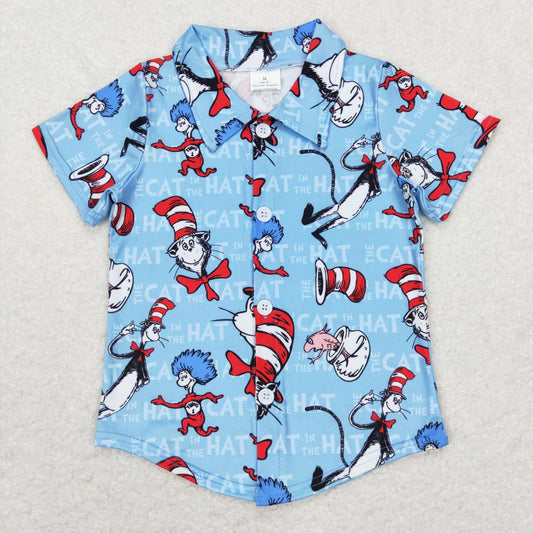 BT0491  Blue Red Dr Cartoon Cat Hat Boys Short Sleeve Top Collar T-Shirts