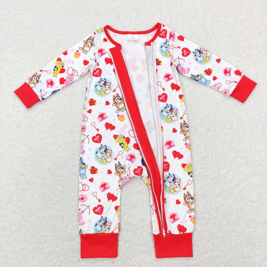 LR0908 Valentine Love Blue Dog Cartoon  Zipper Girls Long Sleeve Romper