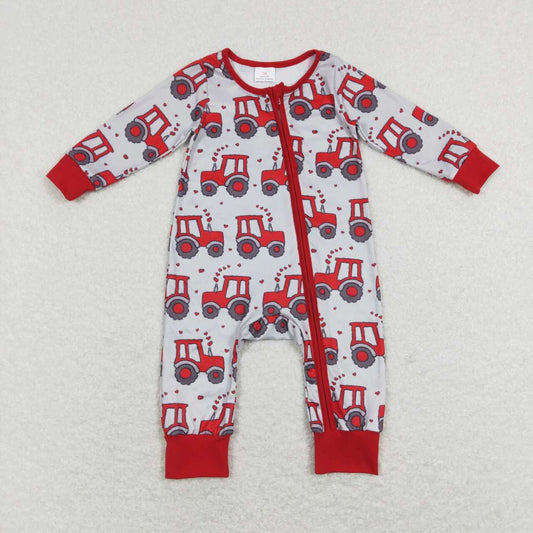 LR0887 Valentine Love Red Truck Zipper Girls Long Sleeve Romper