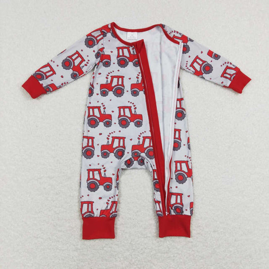 LR0887 Valentine Love Red Truck Zipper Girls Long Sleeve Romper