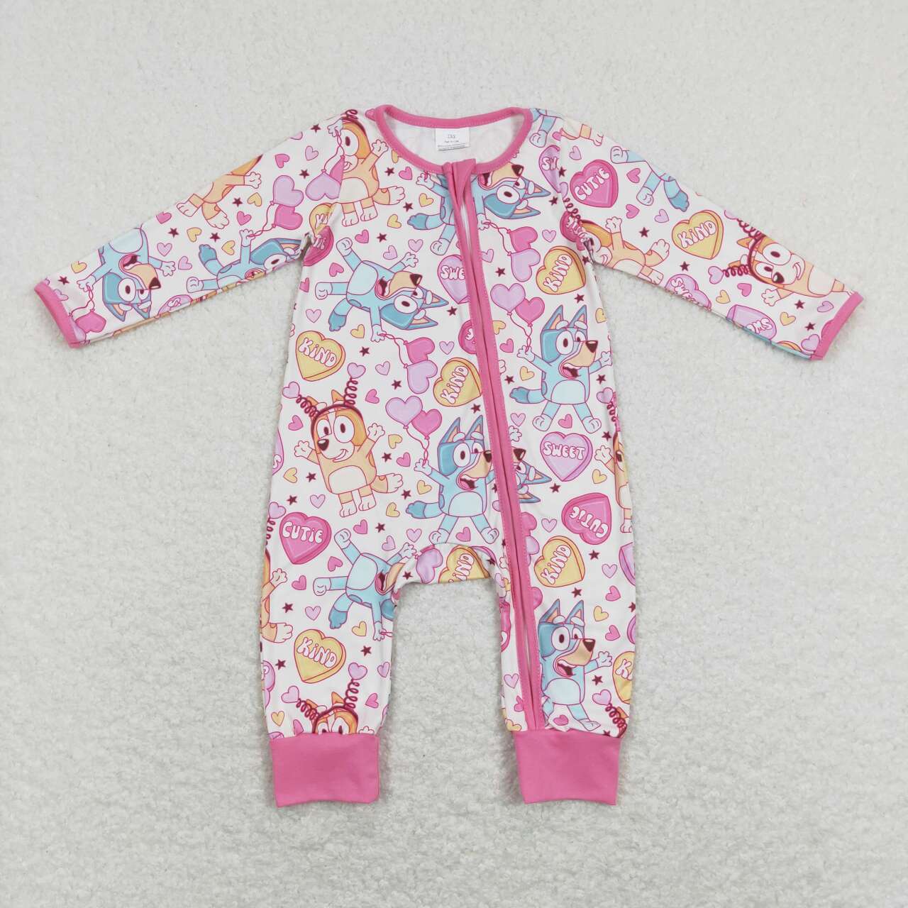 LR0886 Valentine Pink Blue Dog Cartoon Zipper Girls Long Sleeve Romper