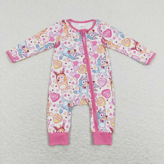 LR0886 Valentine Pink Blue Dog Cartoon Zipper Girls Long Sleeve Romper