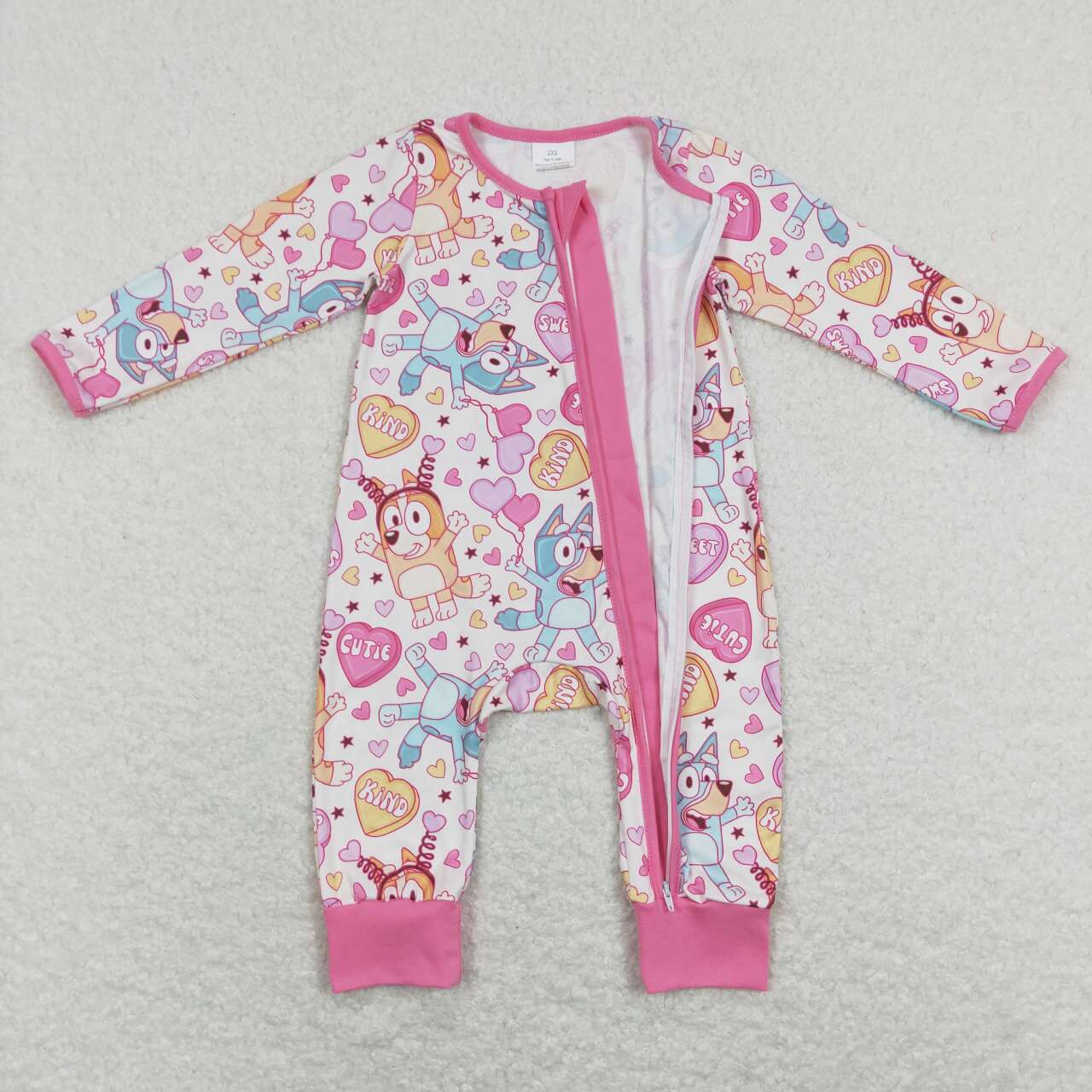 LR0886 Valentine Pink Blue Dog Cartoon Zipper Girls Long Sleeve Romper