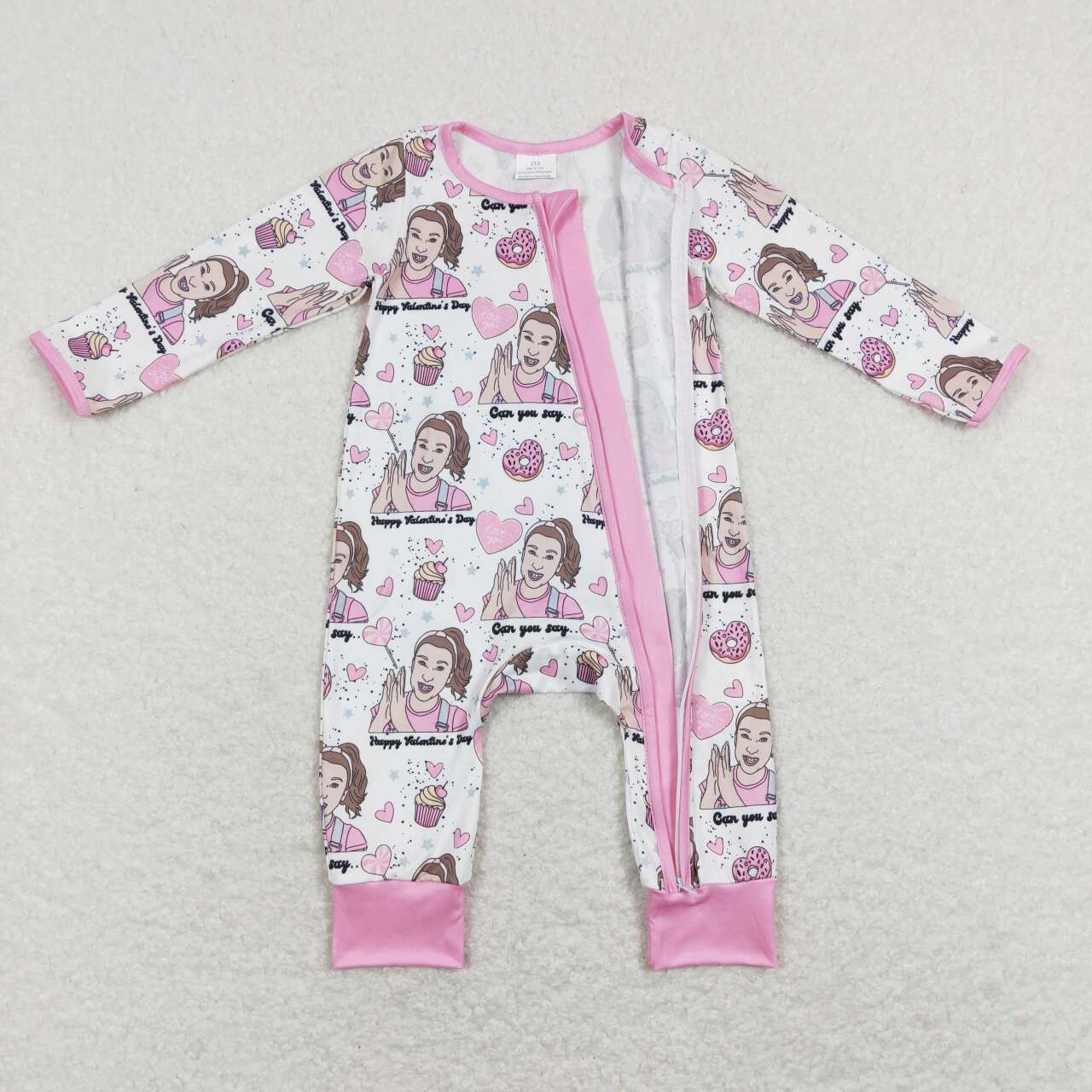 LR0906 Valentine Pink Teacher Zipper Girls Long Sleeve Romper