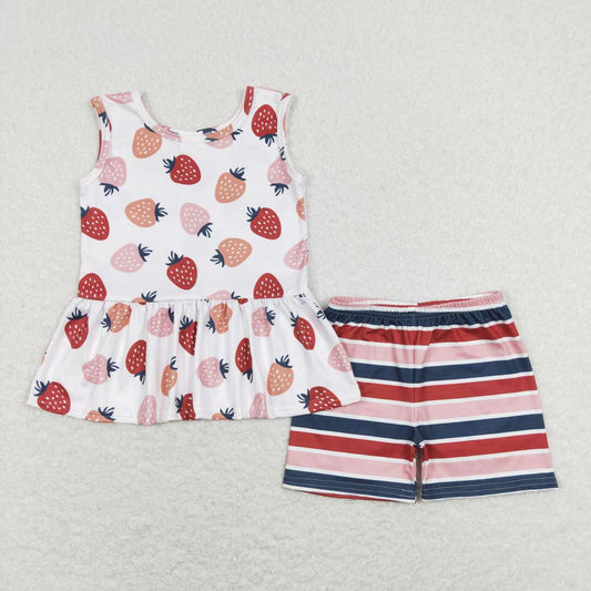 GSSO0505 Pink Strawberry  Girls Short Sleeve Shorts Outfits