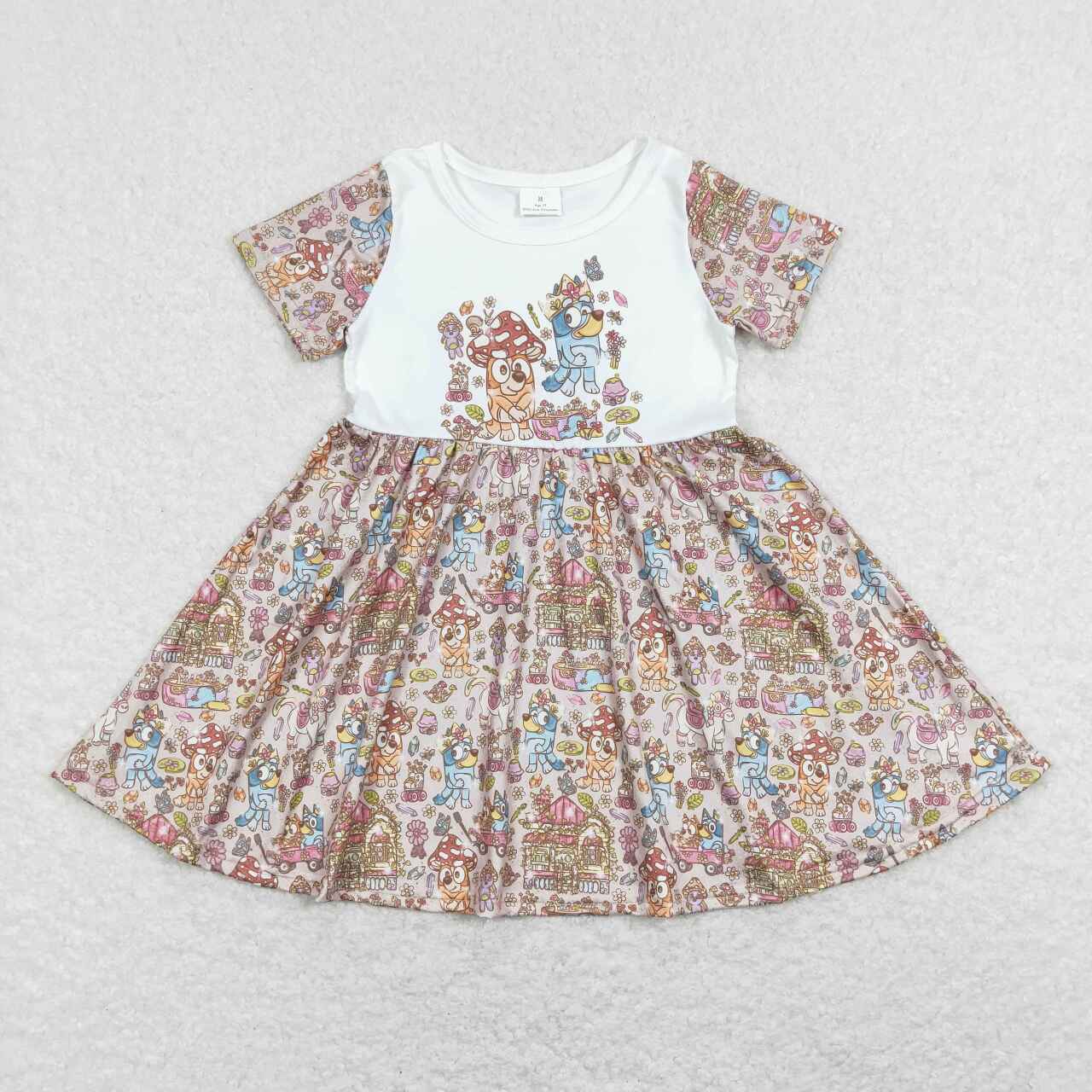 GSD0623 Blue Dog Cartoon Floral Girls Flutter Sleeve Dresses