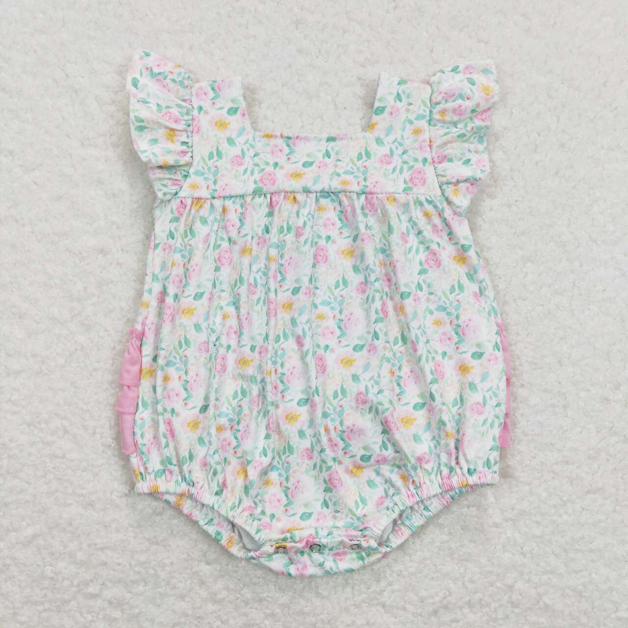 SR0805 Green Pink Floral Girls Short Sleeve Romper