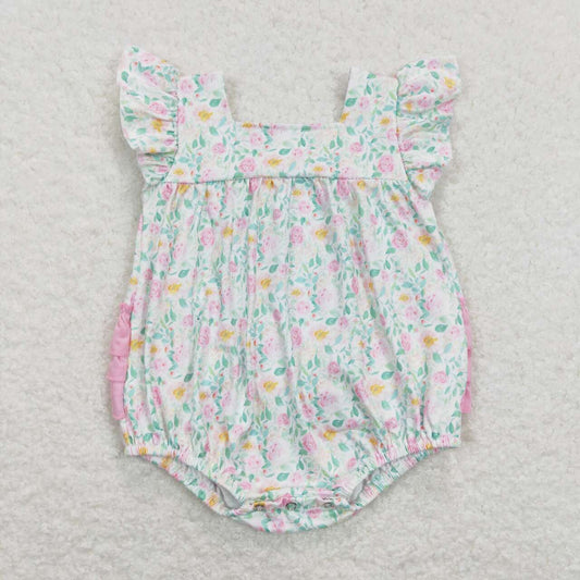 SR0805 Green Pink Floral Girls Short Sleeve Romper