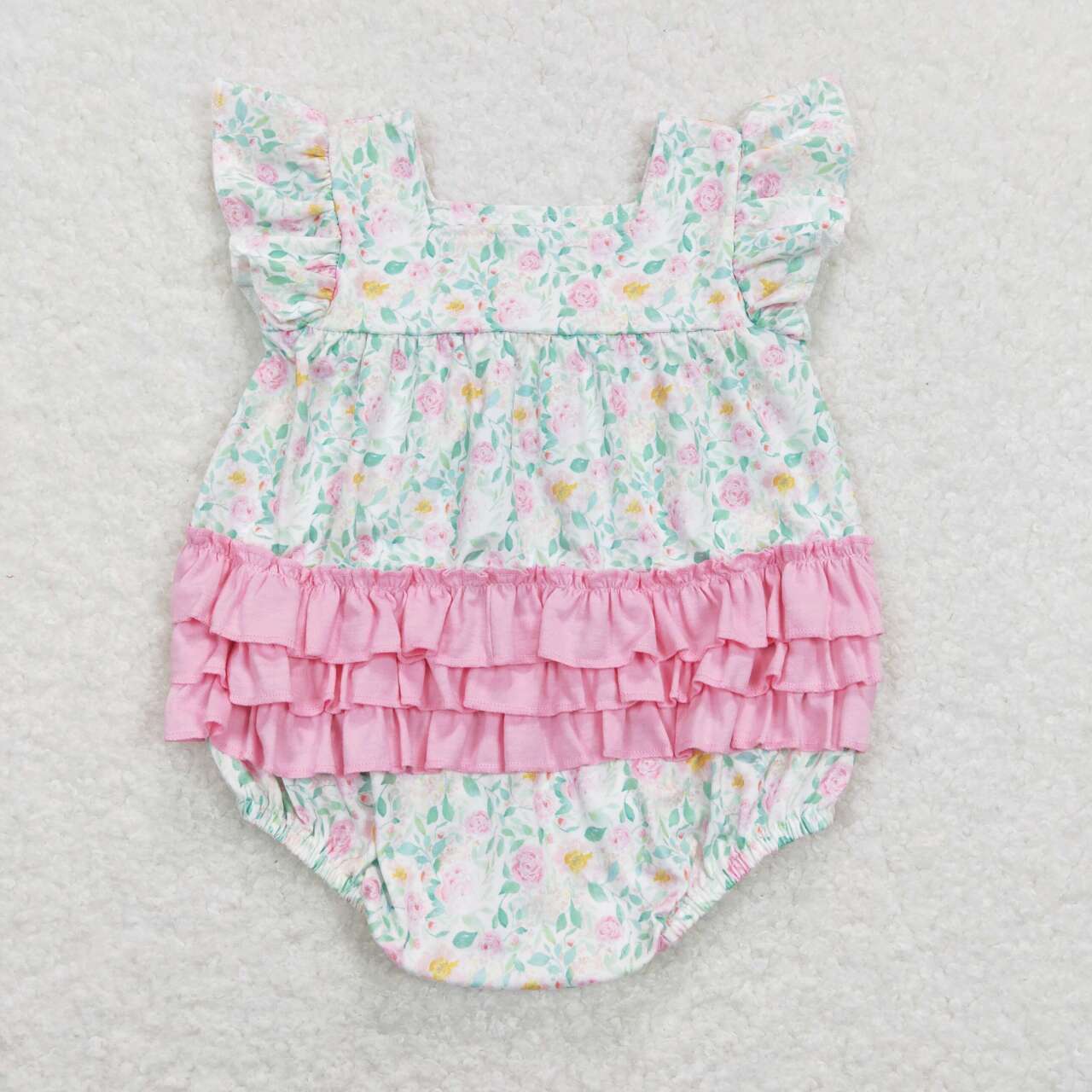 SR0805 Green Pink Floral Girls Short Sleeve Romper