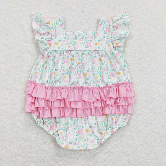 SR0805 Green Pink Floral Girls Short Sleeve Romper