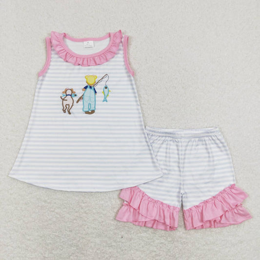 GSSO0412 Pink Dog Hunt Fish Embroidery Girls Short Sleeve Shorts Outfits