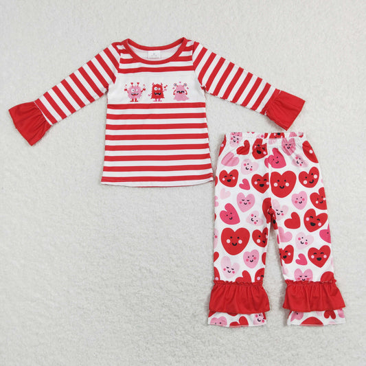 GLP1122  Valentine Red Pink Love Monster Cartoon  Girls Long Sleeve Bell Bottom Pants Outfits