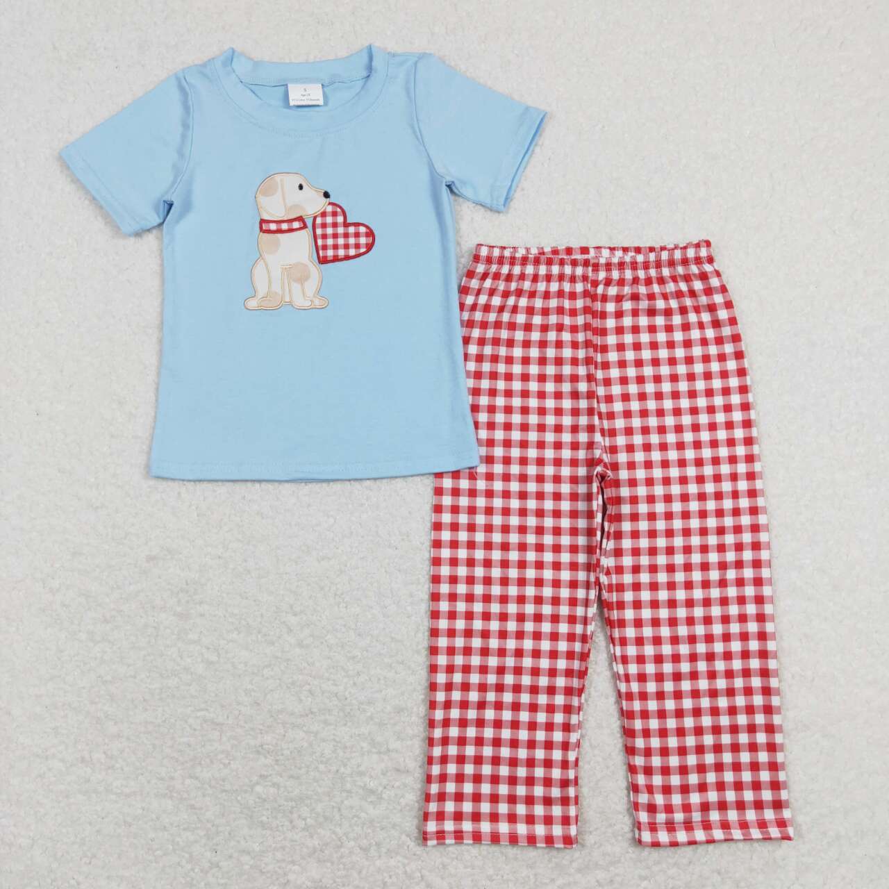 BSPO0269 Valentine Love Red Blue Dog Embroidery  Girls Short Sleeve Bell Bottom Pants Outfits