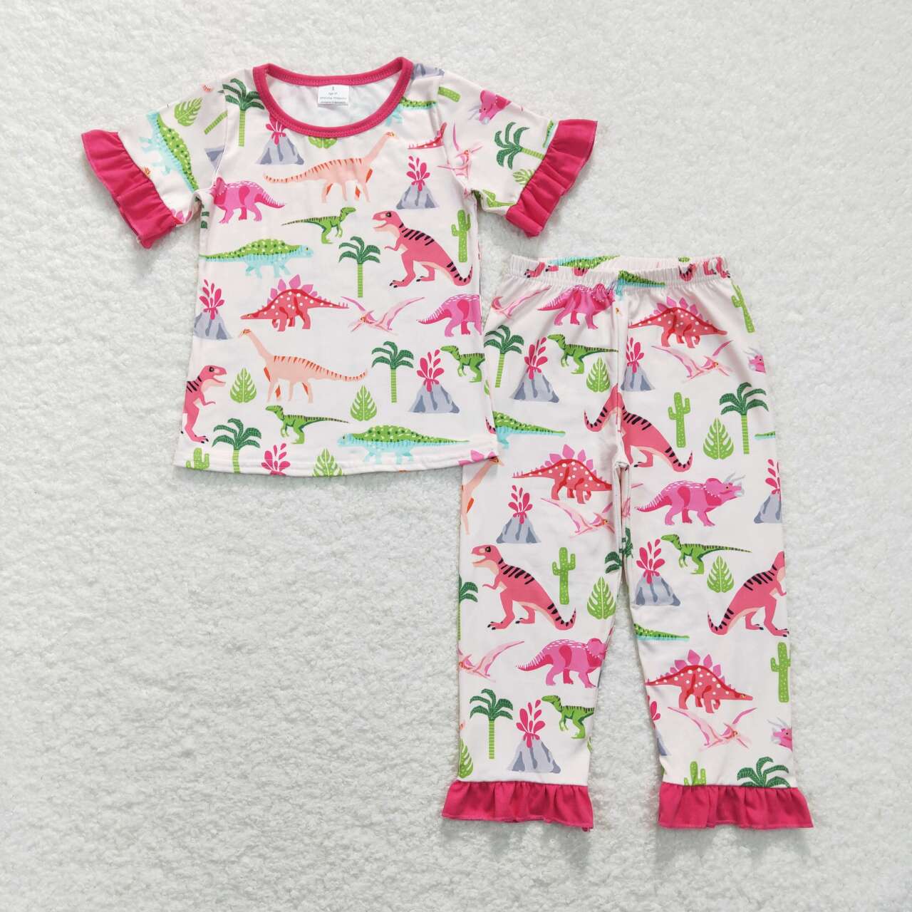 GSPO1001  Pink Dinosaur Cartoon Girls Short Sleeve Pants Outfits pajamas