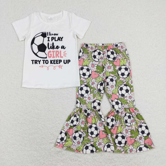 GSPO1263 Valentine Green Soccer Try To Keep Up Girls Short Sleeve Bell Bottom Pants Outfits