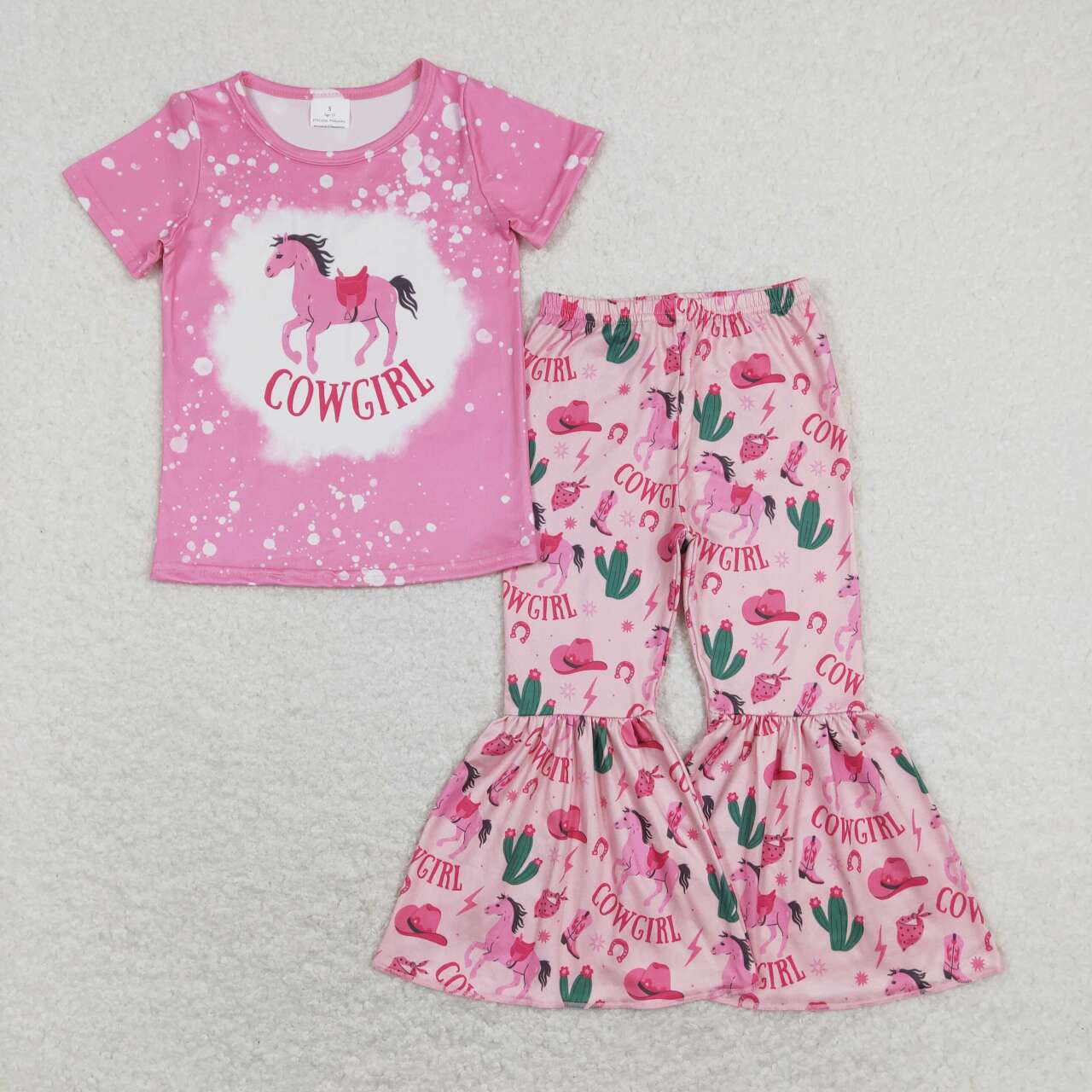 GSPO1238 Cowgirl Pink Western Girls Short Sleeve Bell Bottom Pants Outfits