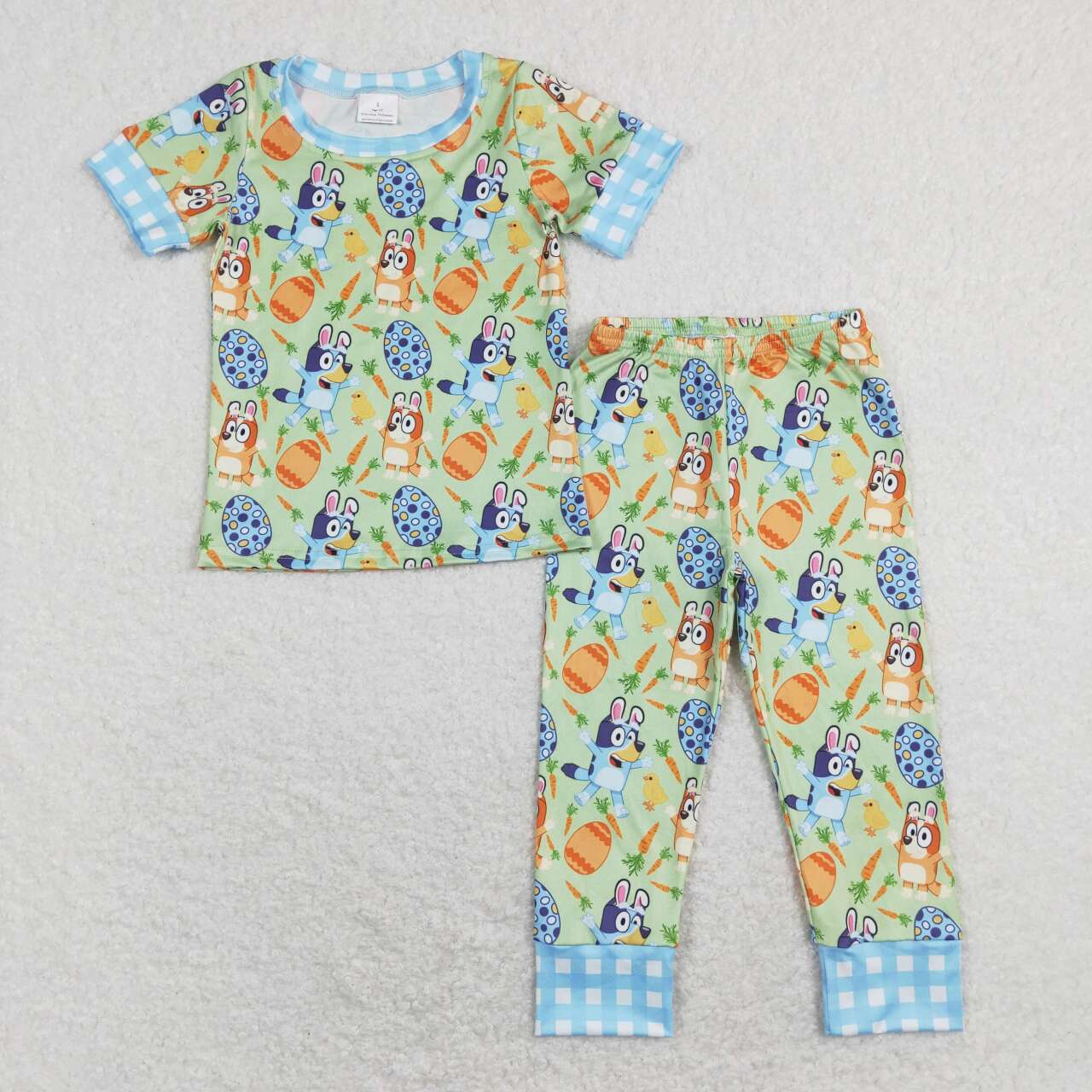 BSPO0273 Easter Carrot Blue Dog Cartoon Boys Short Sleeve Bell Bottom Pants Outfits Pajamas