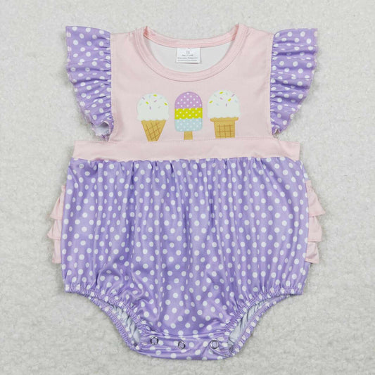 SR0377  Pink Purple Ice Cream Girls Short Sleeve Romper