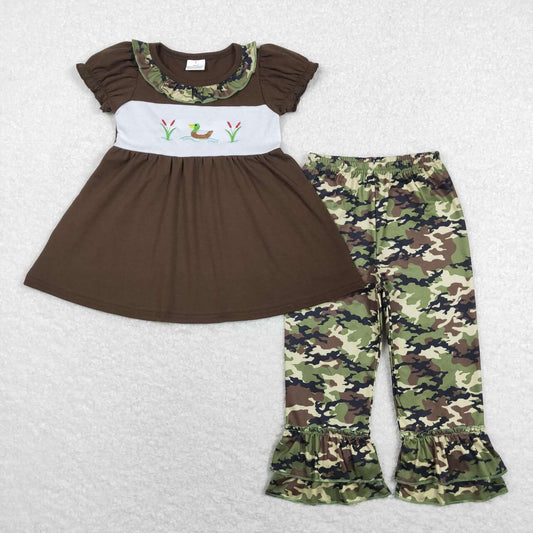 GSPO1088 Green Duck Camo Girls Short Sleeve Bell Bottom Pants Outfits