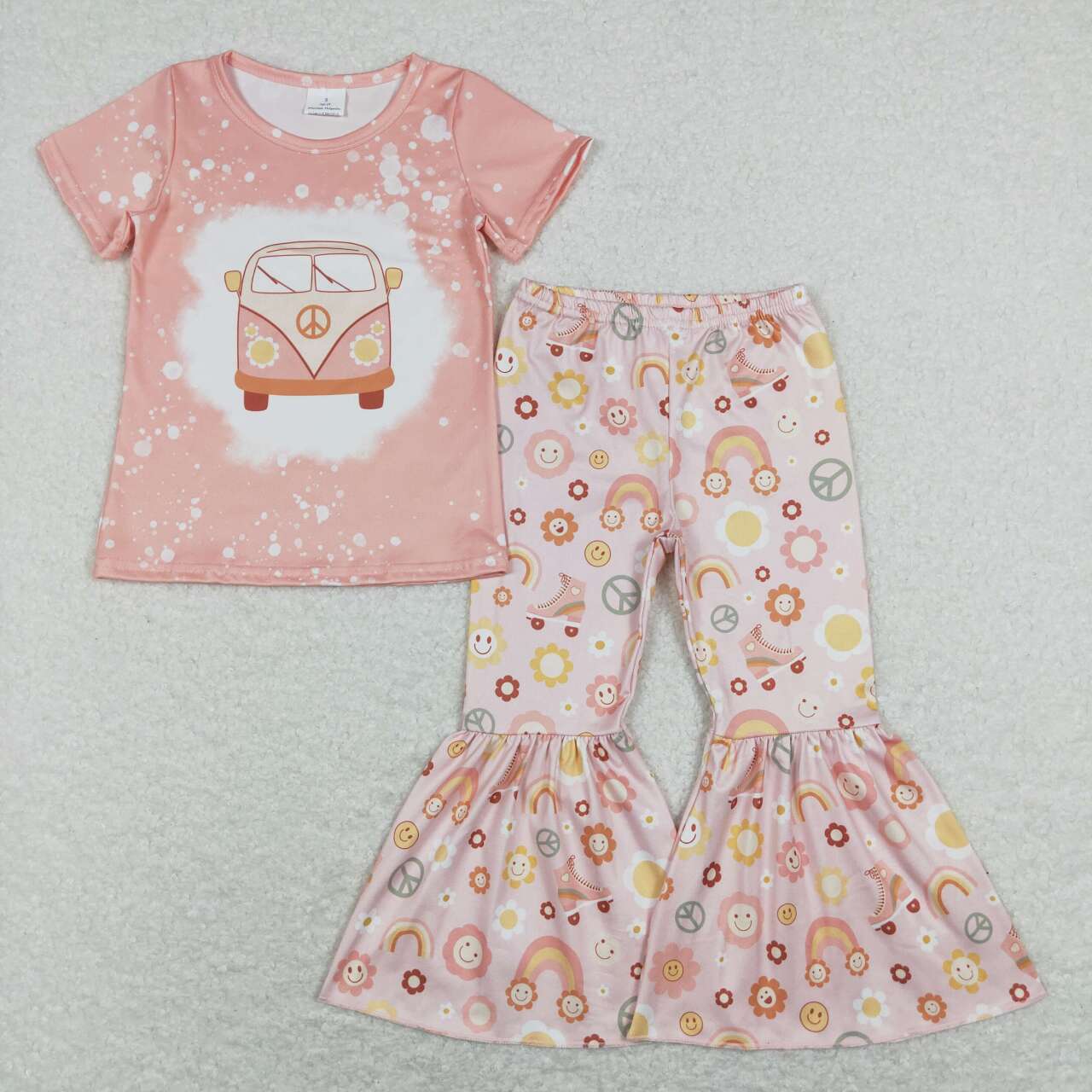 GSPO1243 Pink Bus Girls Short Sleeve Bell Bottom Pants Outfits