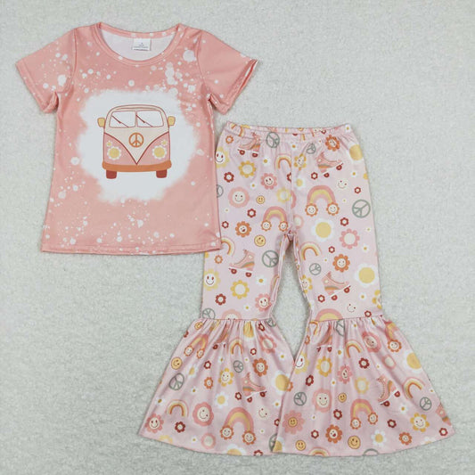 GSPO1243 Pink Bus Girls Short Sleeve Bell Bottom Pants Outfits