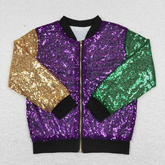 BT0451 Purple Green Yellow Sequin Girls Long Sleeve Top Jacket Coat