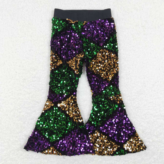 P0359 Green Purple Yellow Sequin Bell-bottom Kids Long Pants