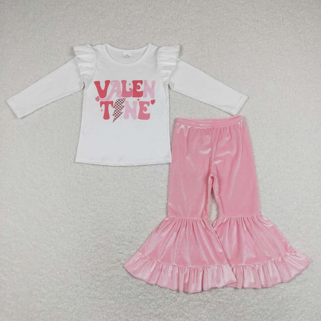 2Pcs GT0440 Valentine Pink Top + P0416 Pink Velvet  Girls Long Sleeve Pants Outfits