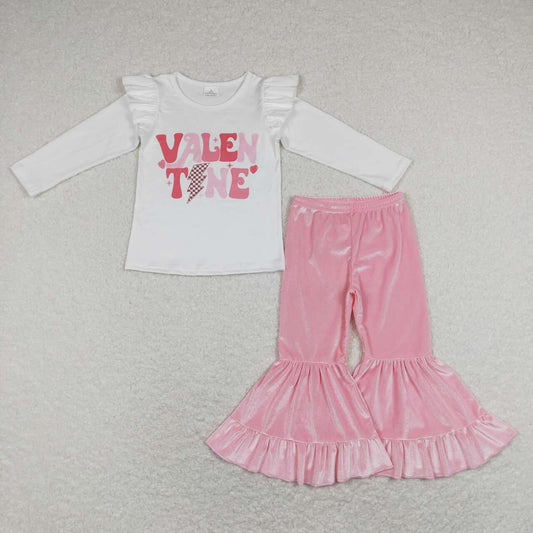 2Pcs GT0440 Valentine Pink Top + P0416 Pink Velvet  Girls Long Sleeve Pants Outfits